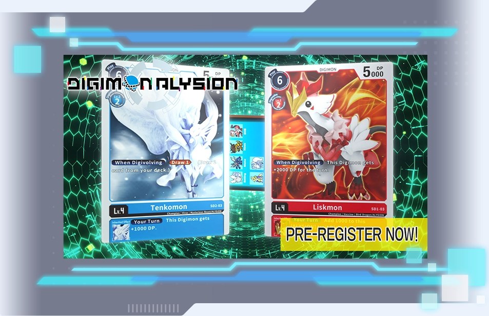 DIGIMON ALYSION video thumbnail showing two cards and a pre-register sign.